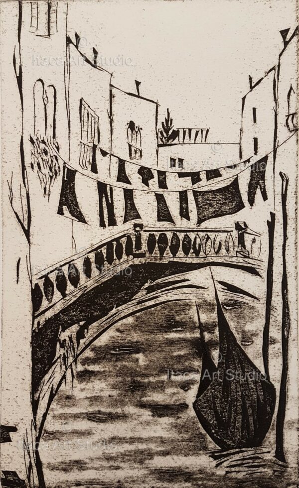 Venetian glimpse with gondola and bridge