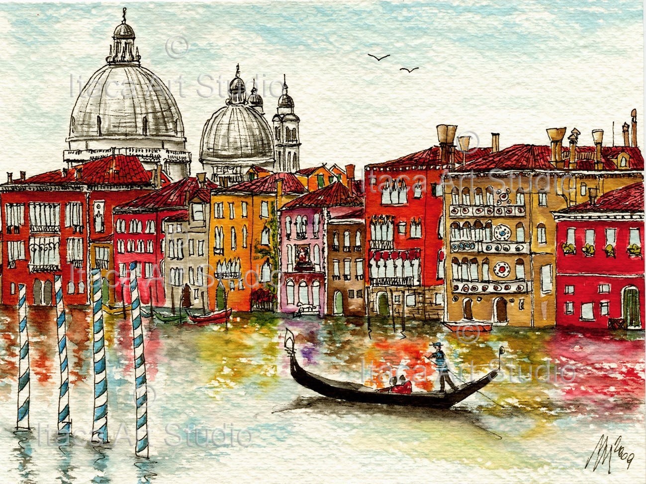 sliding in a gondola in the Grand Canal, on the background Santa Maria della Salute Basilica