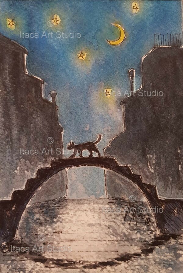 Venetian cat crossing the bridge in the night